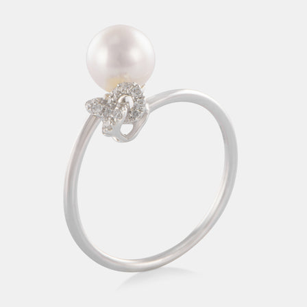 18K White Gold Akoya Pearl Diamond Wrap Knot Ring