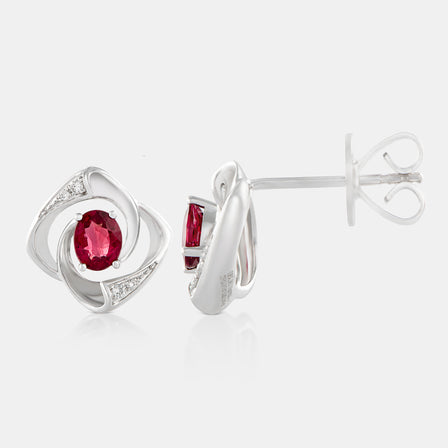 Interlocking Swirl Oval Ruby and Diamond Stud Earrings