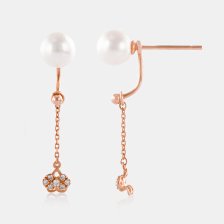 18K Rose Gold Akoya Pearl Diamond Chain Drop Earrings