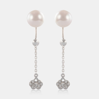 18K White Gold Akoya Pearl Diamond Chain Drop Earrings