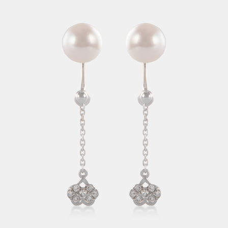 18K White Gold Akoya Pearl Diamond Chain Drop Earrings