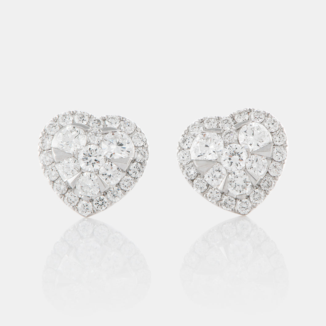 18K White Gold Diamond Cluster Heart Earrings