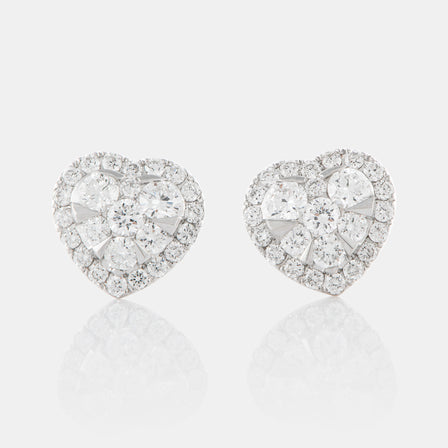 18K White Gold Diamond Cluster Heart Earrings