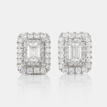 18K White Gold Emerald Cut Diamond Halo Earrings