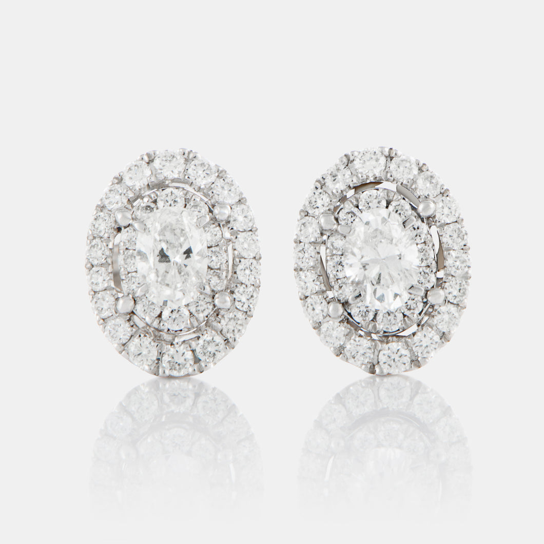 Oval Cluster Halo Diamond Stud Earrings 14K White Gold