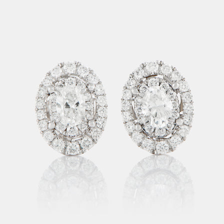 18K White Gold Oval Cut Diamond Halo Earrings
