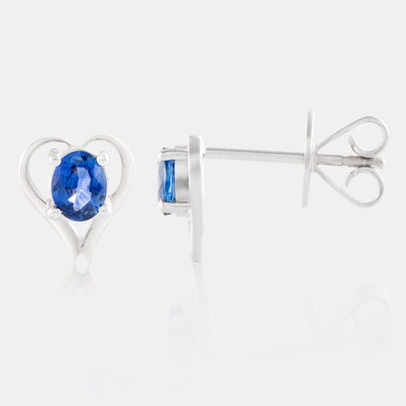 18K White Gold Oval Sapphire Heart Stud Earrings
