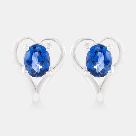 18K White Gold Oval Sapphire Heart Stud Earrings