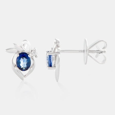 18K White Gold Oval Sapphire and Diamond Stud Earrings