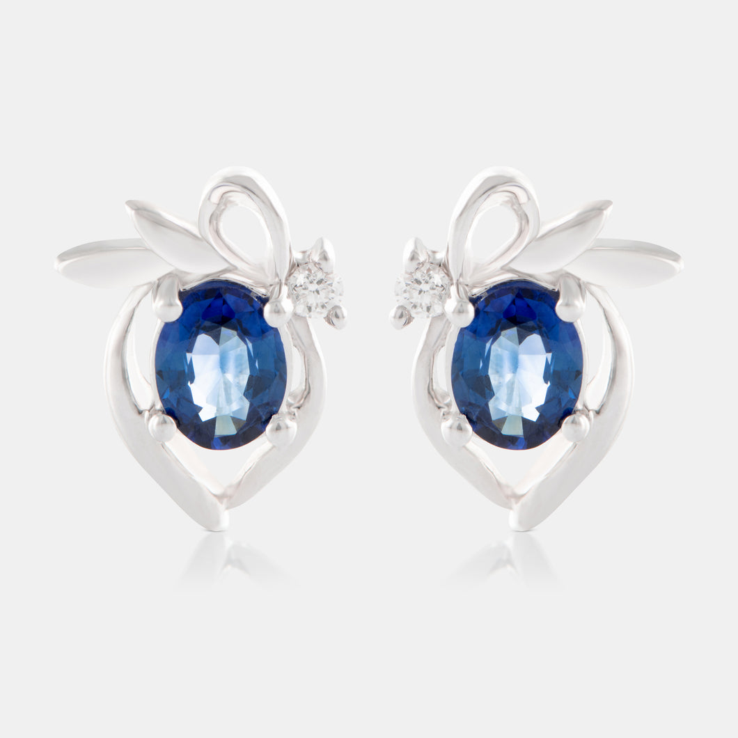18K White Gold Oval Sapphire and Diamond Stud Earrings