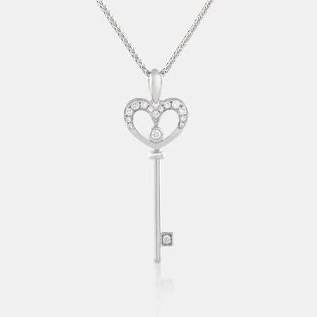 18K White Gold Diamond Heart Key Pendant