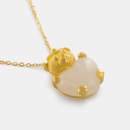 Heart Nephrite Pendant with 24K Gold Teddy Bear