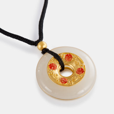 Nephrite and 24K Antique Gold Enamel Peace Buckle Necklace