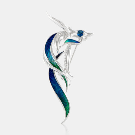 Midnight Blue Enamel Flying Phoenix Brooch with Sterling Silver