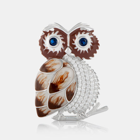 Enamel Owl Brooch with Sterling Silver