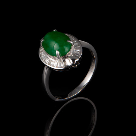 Oval Jadeite and Diamond Ring in 18K White Gold