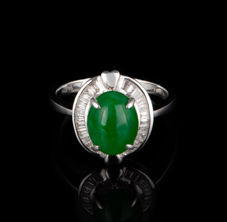 Oval Jadeite and Diamond Ring in 18K White Gold