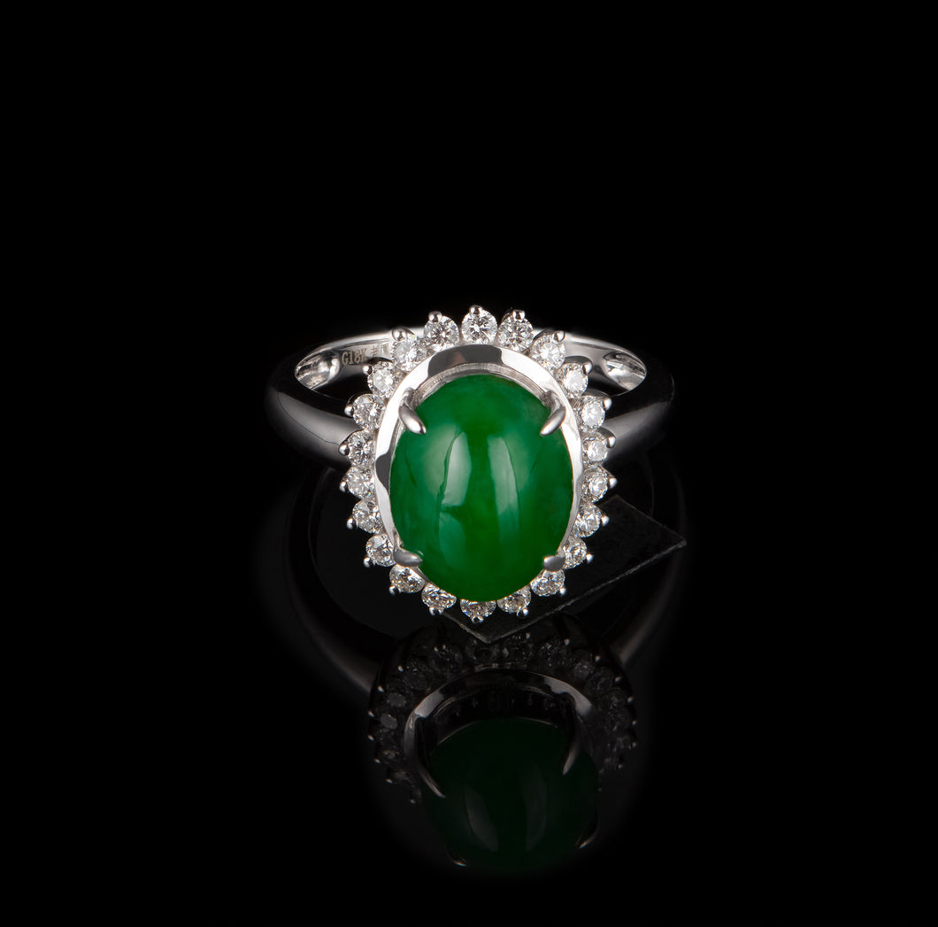 Oval Jadeite and Diamond Halo Ring in 18K White Gold