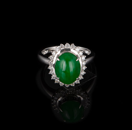 Oval Jadeite and Diamond Halo Ring in 18K White Gold