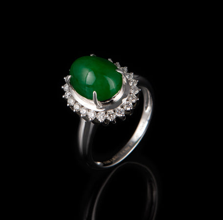 Oval Jadeite and Diamond Halo Ring in 18K White Gold