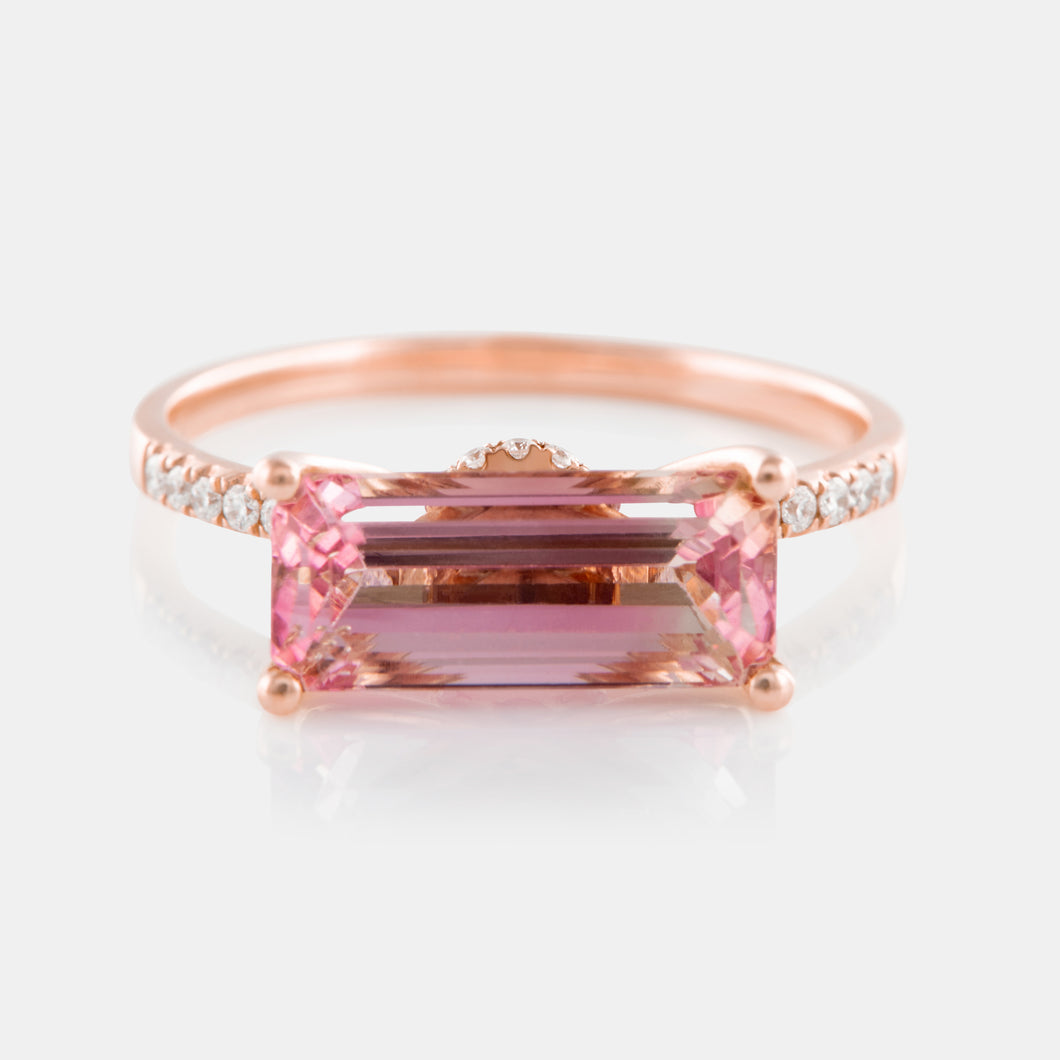 East/West Watermelon Tourmaline and Diamond Band Ring