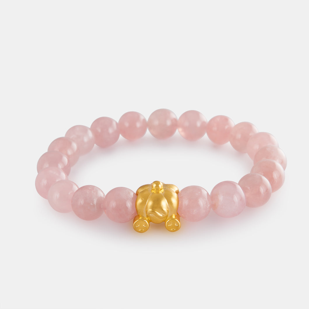 24K Gold Pumpkin Carriage Bracelet With Pink Quartz Beads