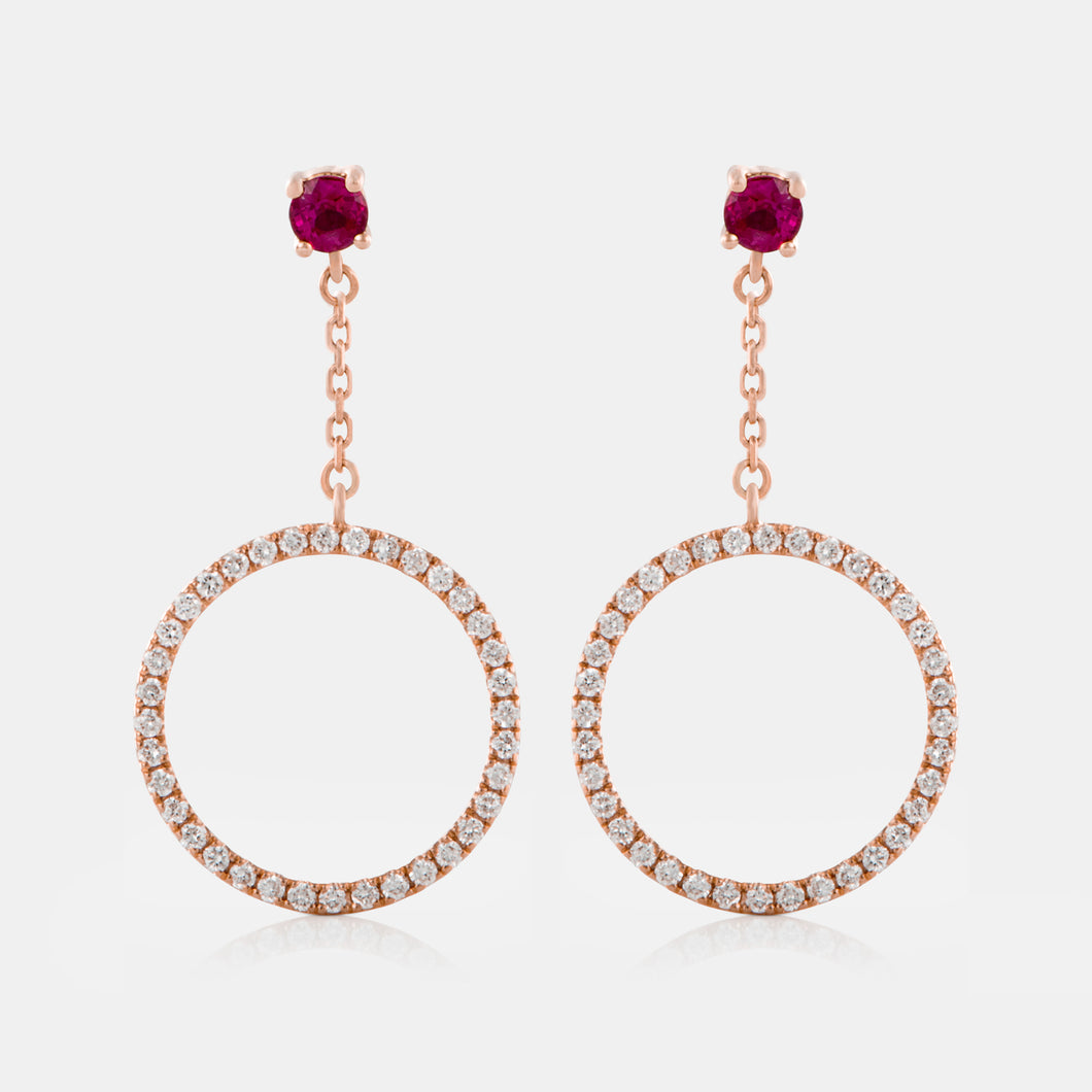 Ruby and Drop Diamond Circle Earrings