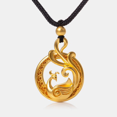 24K Antique Gold Round Phoenix Necklace