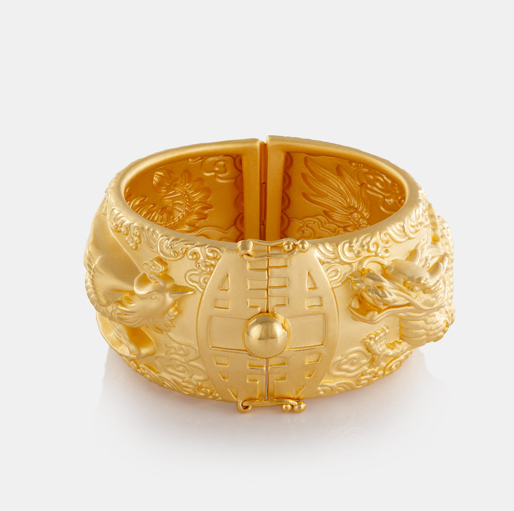 24K Gold Dragon And Phoenix Double Happiness Bangle