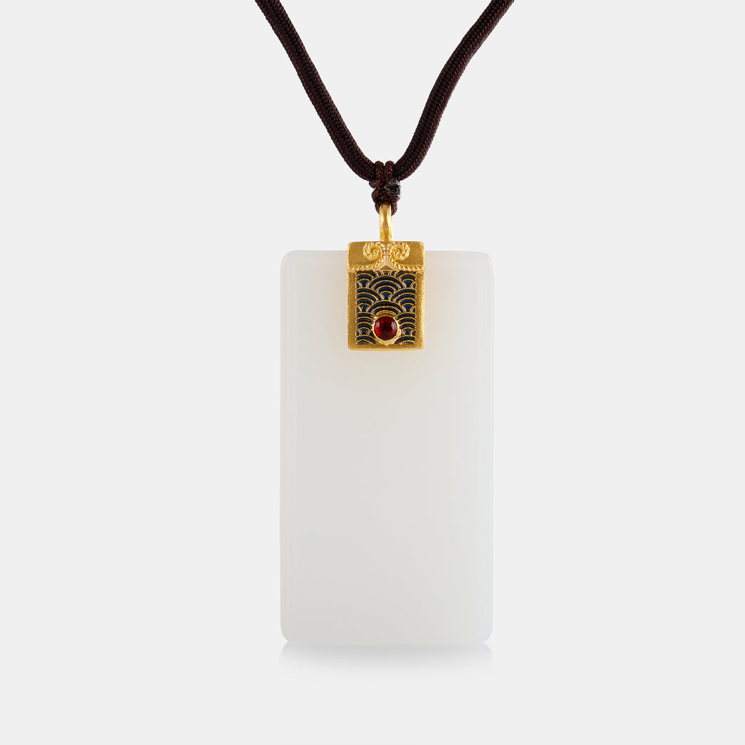 Nephrite and 24K Antique Gold Enamel Tag Necklace