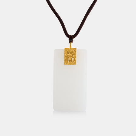 Nephrite and 24K Antique Gold Enamel Tag Necklace