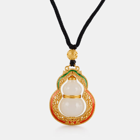 Nephrite and 24K Antique Gold Filigree and Enamel Hulu Necklace