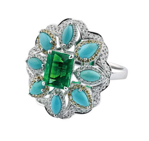 Emerald and Turquoise Diamond Ring